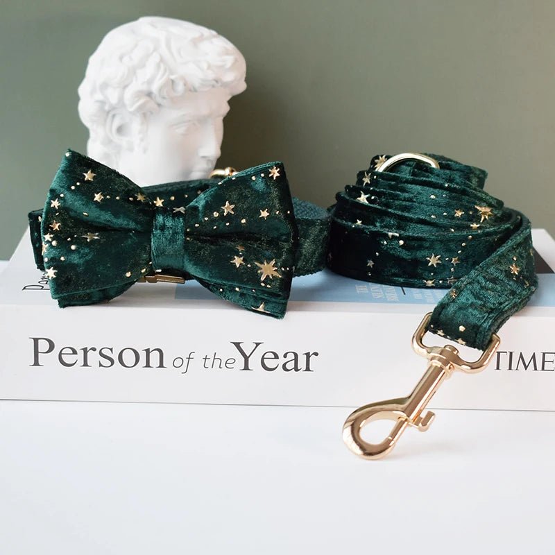 Petspuff Personalised Green & Burgundy Velvet Dog Collar & Lead – Engraved Name Tag, Bow | S–XL - Petspuff