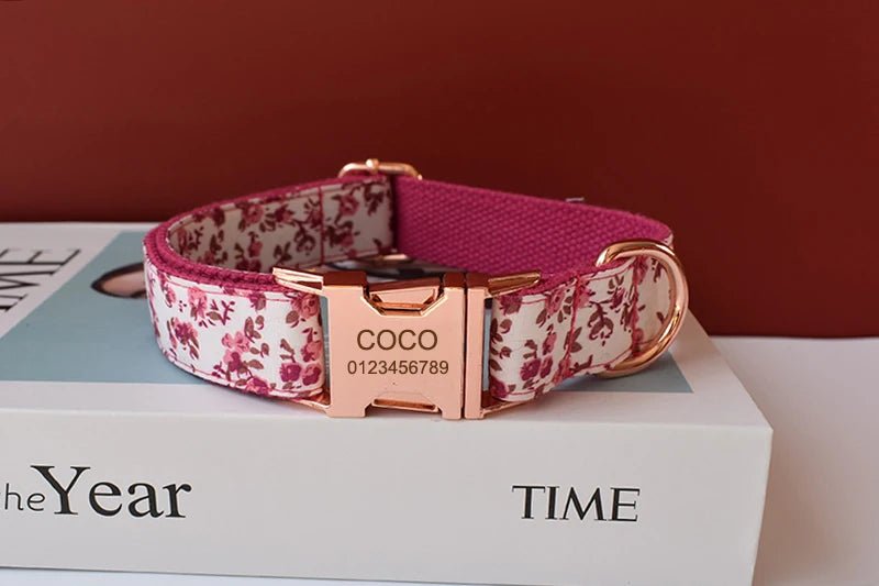 Petspuff Personalised Floral Bow Tie Dog Collar & 1.5m Lead – Metal Buckle, Engraved Name Tag - Petspuff