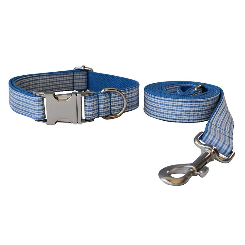 Petspuff Personalised Blue Check Dog Collar & Lead – Free Engraved Name Tag, Bow | Christmas - Petspuff
