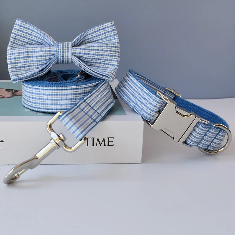 Petspuff Personalised Blue Check Dog Collar & Lead – Free Engraved Name Tag, Bow | Christmas - Petspuff