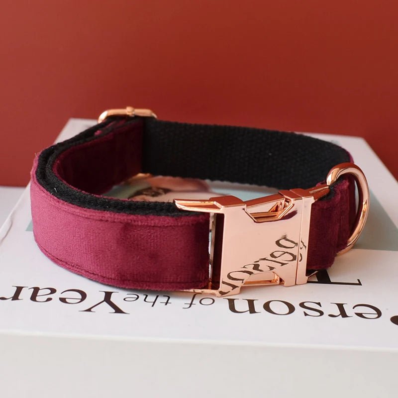 Petspuff Personalised Wine Velvet Dog Collar & Lead with Bow – Engraved Name Tag | S–XL - Petspuff