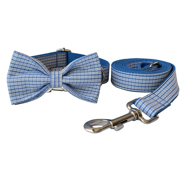 Petspuff Personalised Blue Check Dog Collar & Lead – Free Engraved Name Tag, Bow | Christmas - Petspuff