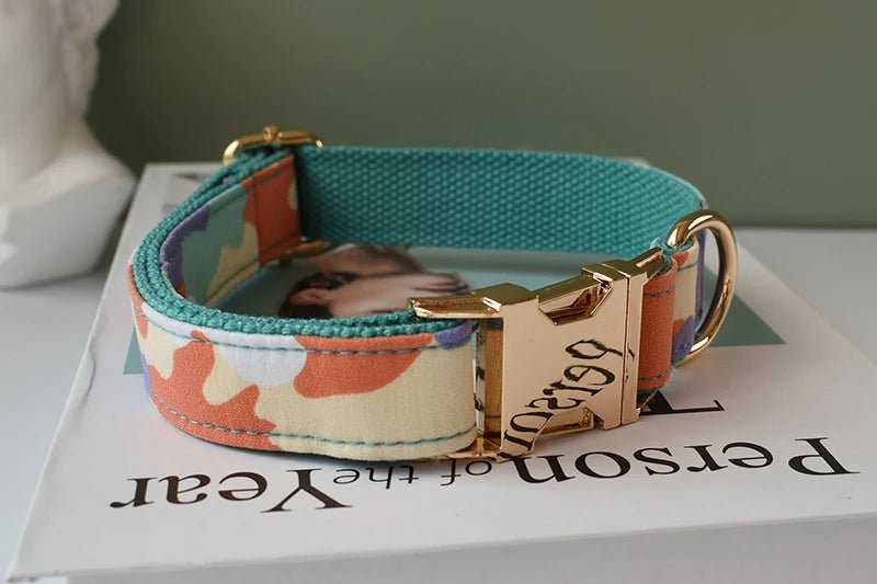 Petspuff Personalised Camo Dog Collar & Lead with Bow Tie – Metal Buckle, Engraved Name Tag | Medium & Big Dogs