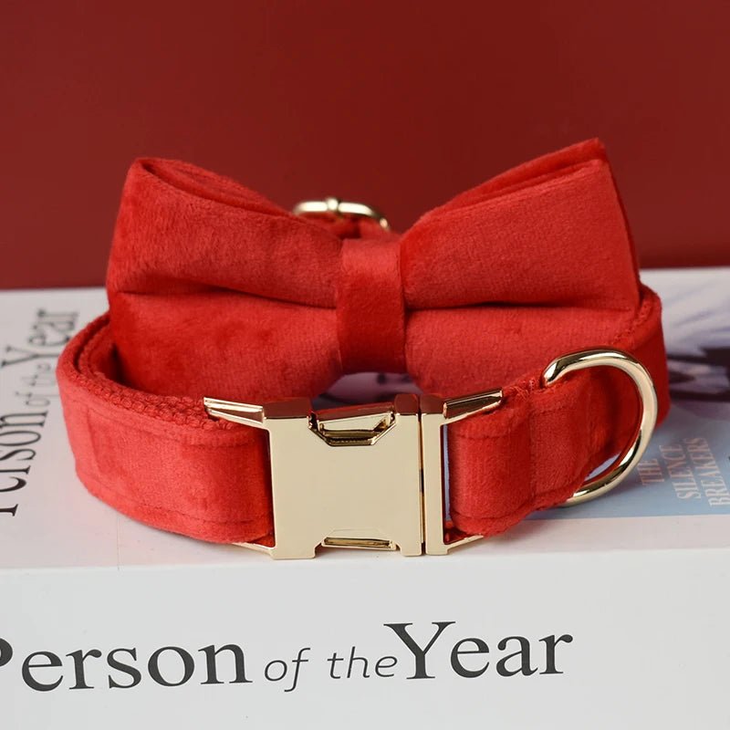 Petspuff Personalised Red Velvet Dog Collar & Lead with Bow – Gold Hardware, Engraved Name Tag - Petspuff