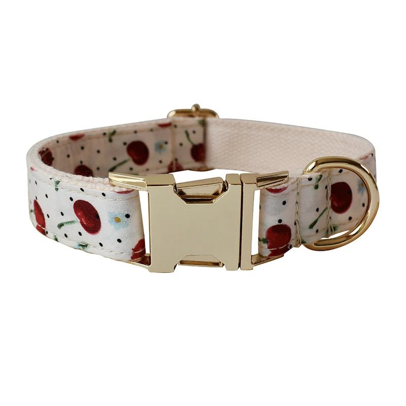 Petspuff Personalised Fruit Print Dog Collar & Lead with Bow Tie – Engraved Name Tag | S–XL