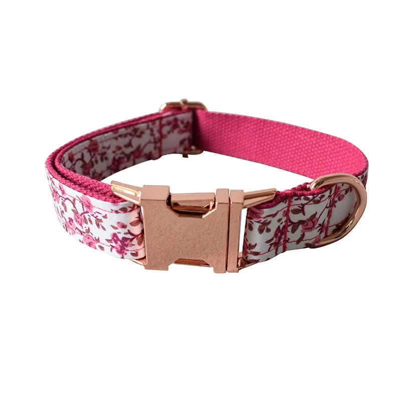 Petspuff Personalised Floral Bow Tie Dog Collar & 1.5m Lead – Metal Buckle, Engraved Name Tag - Petspuff