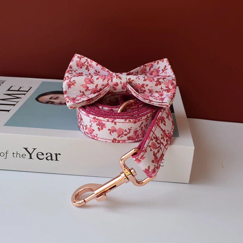 Petspuff Personalised Floral Bow Tie Dog Collar & 1.5m Lead – Metal Buckle, Engraved Name Tag - Petspuff