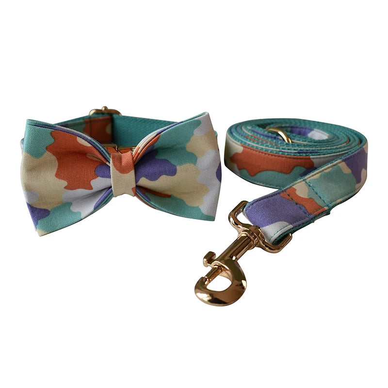 Petspuff Personalised Camo Dog Collar & Lead with Bow Tie – Metal Buckle, Engraved Name Tag | Medium & Big Dogs
