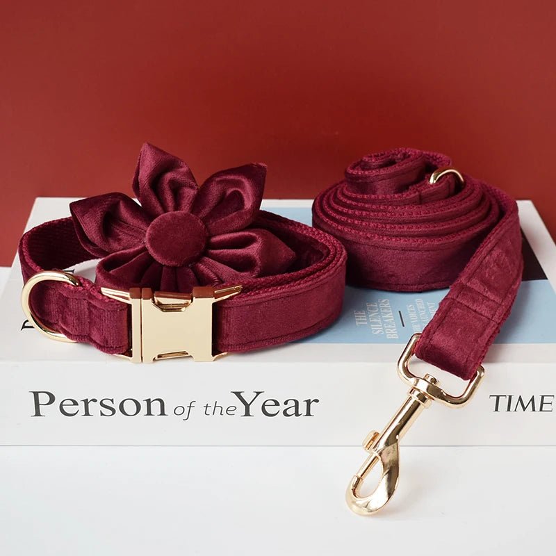 Petspuff Personalised Velvet Dog Collar with Flower or Bow & Lead – Gold Buckle, Engraved Name Tag - Petspuff