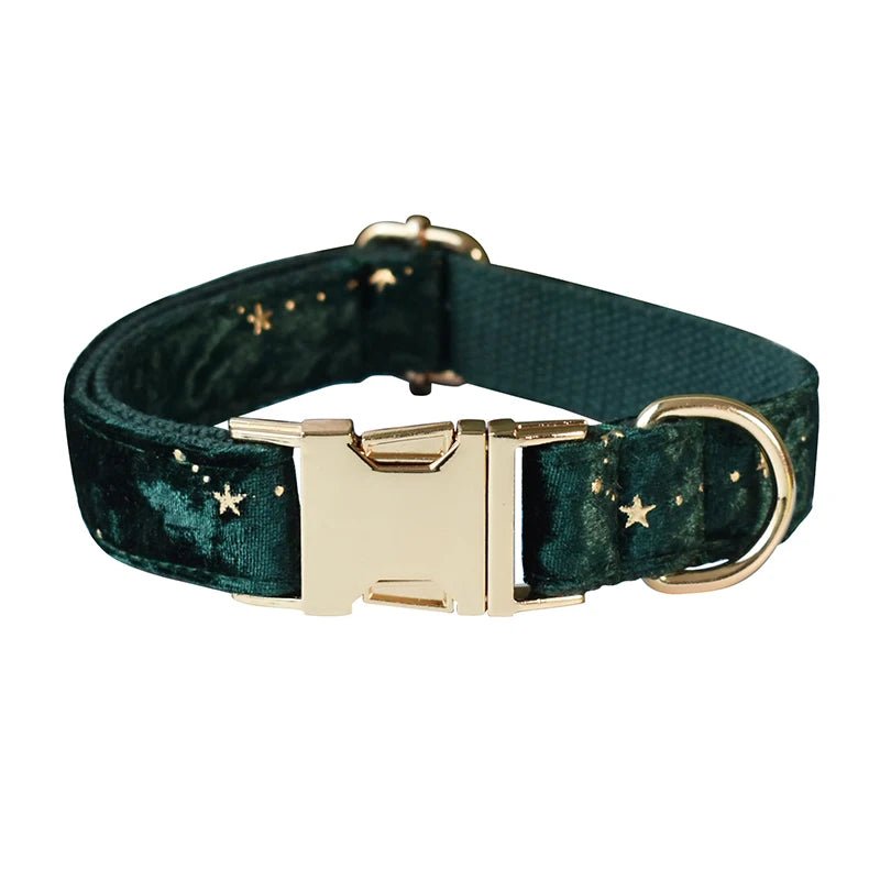 Petspuff Personalised Green & Burgundy Velvet Dog Collar & Lead – Engraved Name Tag, Bow | S–XL - Petspuff