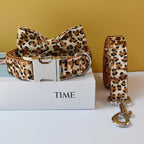 Petspuff Personalised Leopard Print Bow Tie Dog Collar & Lead – Engraved Name Tag | S–XL