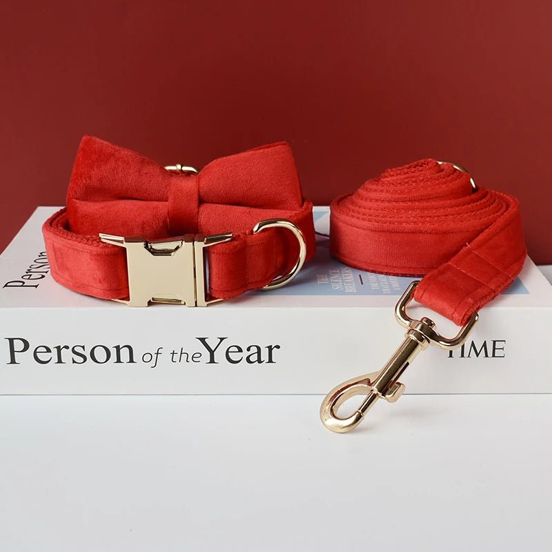 Petspuff Personalised Red Velvet Dog Collar & Lead with Bow – Gold Hardware, Engraved Name Tag - Petspuff