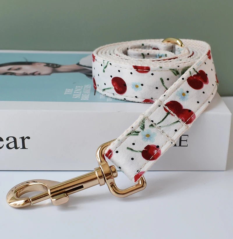 Petspuff Personalised Fruit Print Dog Collar & Lead with Bow Tie – Engraved Name Tag | S–XL