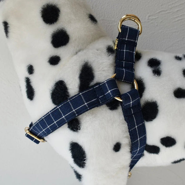 Petspuff Personalised Deep Blue Plaid Dog Harness & Lead – Engraved ID Tag | S–XL
