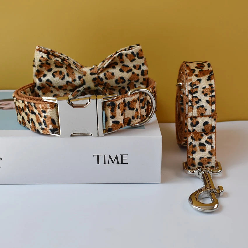 Petspuff Personalised Leopard Print Bow Tie Dog Collar & Lead – Engraved Name Tag | S–XL