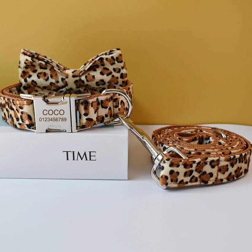 Petspuff Personalised Leopard Print Bow Tie Dog Collar & Lead – Engraved Name Tag | S–XL