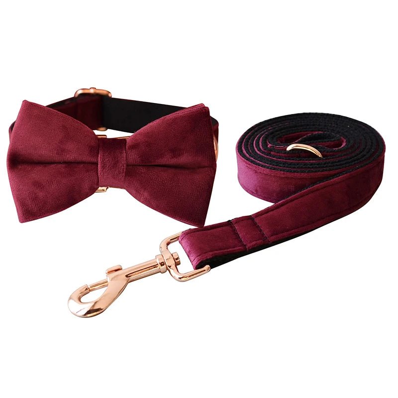 Petspuff Personalised Wine Velvet Dog Collar & Lead with Bow – Engraved Name Tag | S–XL - Petspuff