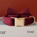Petspuff Personalised Velvet Dog Collar with Flower or Bow & Lead – Gold Buckle, Engraved Name Tag - Petspuff