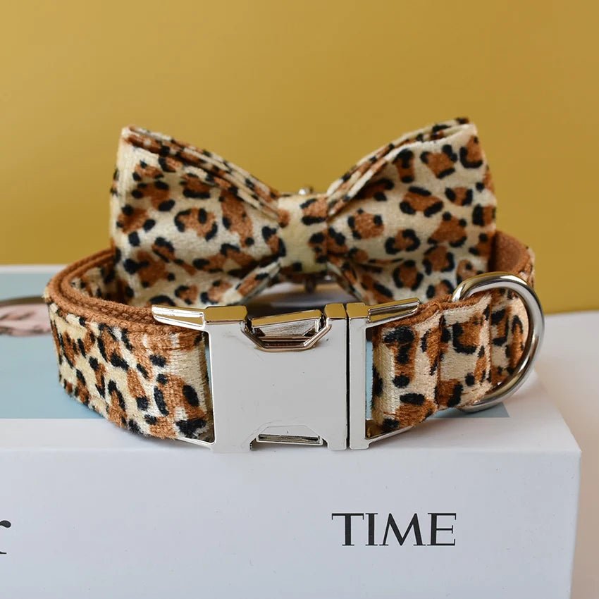 Petspuff Personalised Leopard Print Bow Tie Dog Collar & Lead – Engraved Name Tag | S–XL