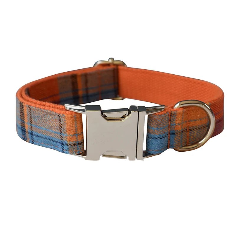 Petspuff Personalised Check Dog Collar & Lead with Bow – Engraved Name Tag | S–XL