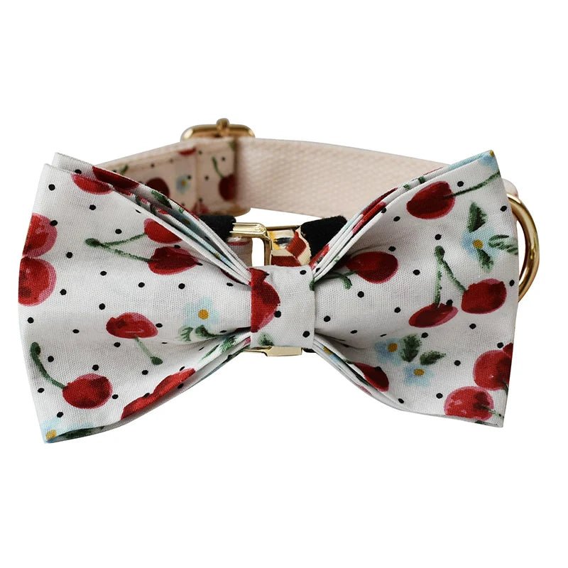 Petspuff Personalised Fruit Print Dog Collar & Lead with Bow Tie – Engraved Name Tag | S–XL