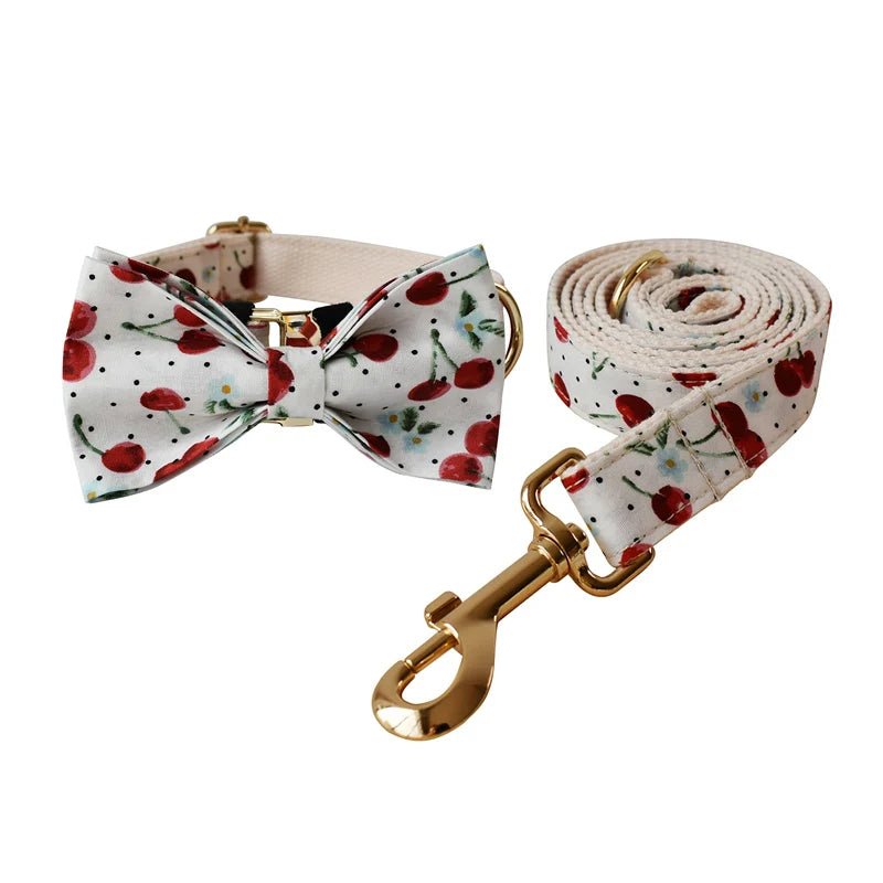 Petspuff Personalised Fruit Print Dog Collar & Lead with Bow Tie – Engraved Name Tag | S–XL