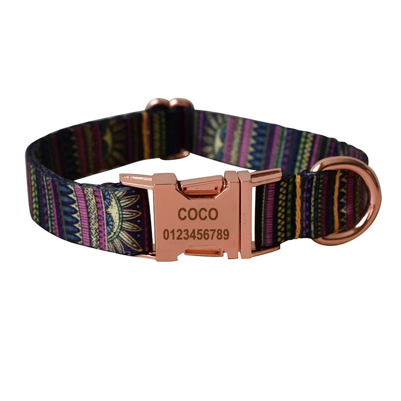 Petspuff Personalised Boho Print Dog Collar & Lead Set – Engraved Name Tag | 6 Designs, S–XL - Petspuff
