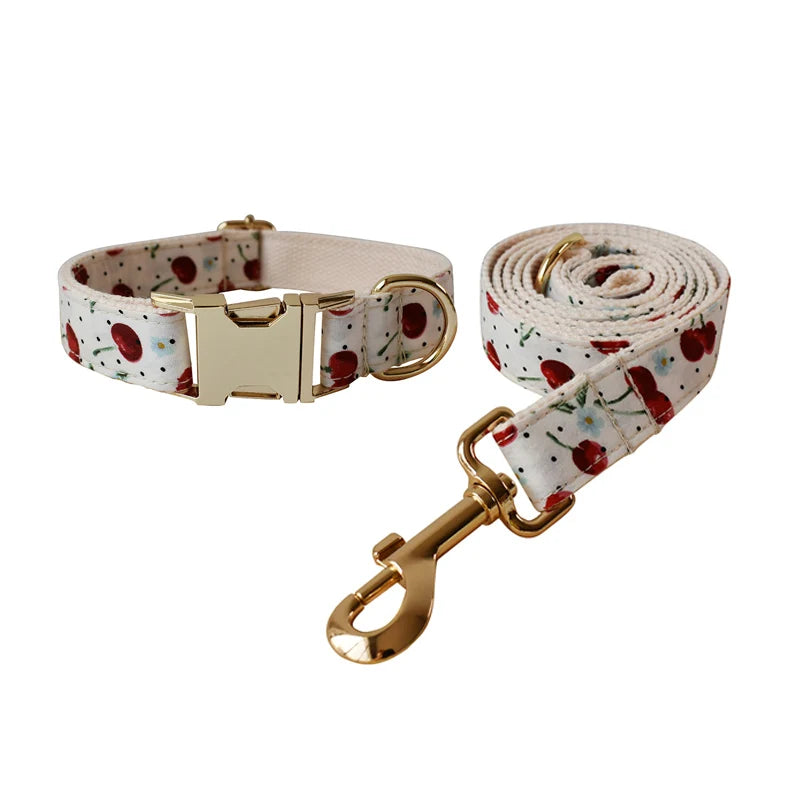 Petspuff Personalised Fruit Print Dog Collar & Lead with Bow Tie – Engraved Name Tag | S–XL