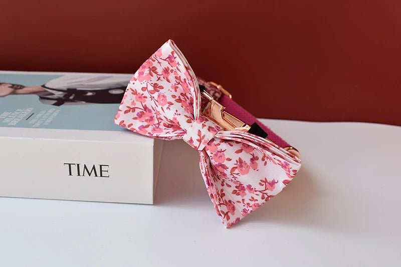 Petspuff Personalised Floral Bow Tie Dog Collar & 1.5m Lead – Metal Buckle, Engraved Name Tag - Petspuff