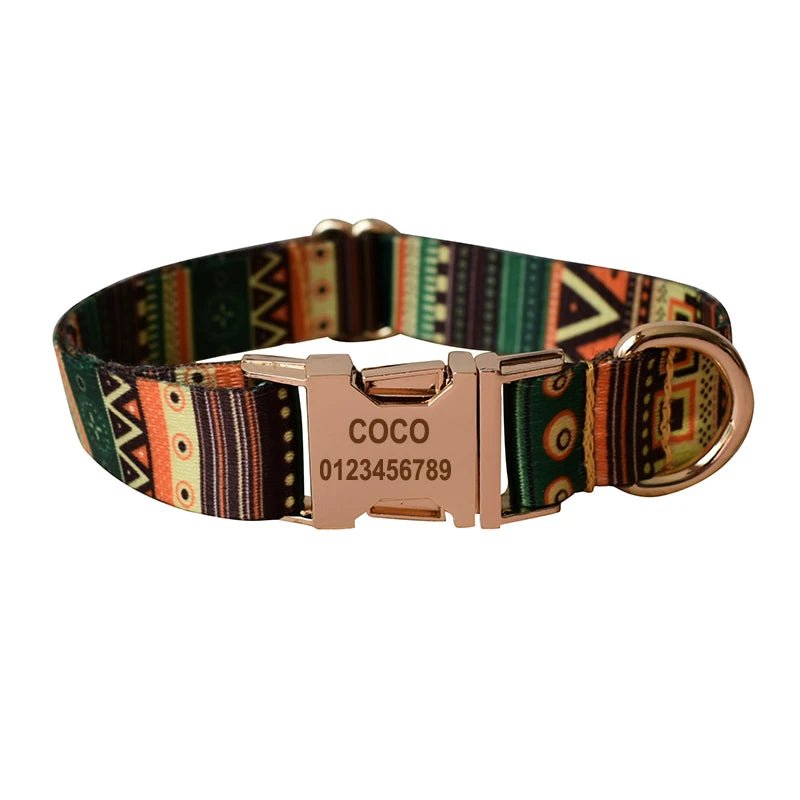 Petspuff Personalised Boho Print Dog Collar & Lead Set – Engraved Name Tag | 6 Designs, S–XL - Petspuff