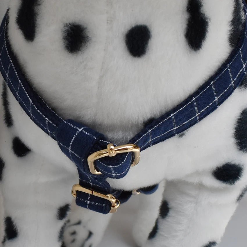 Petspuff Personalised Deep Blue Plaid Dog Harness & Lead – Engraved ID Tag | S–XL - Petspuff