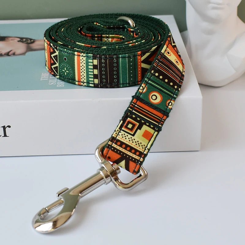 Petspuff Personalised Boho Print Dog Collar & Lead with Bow – Free Engraved Name Tag | Large Breeds