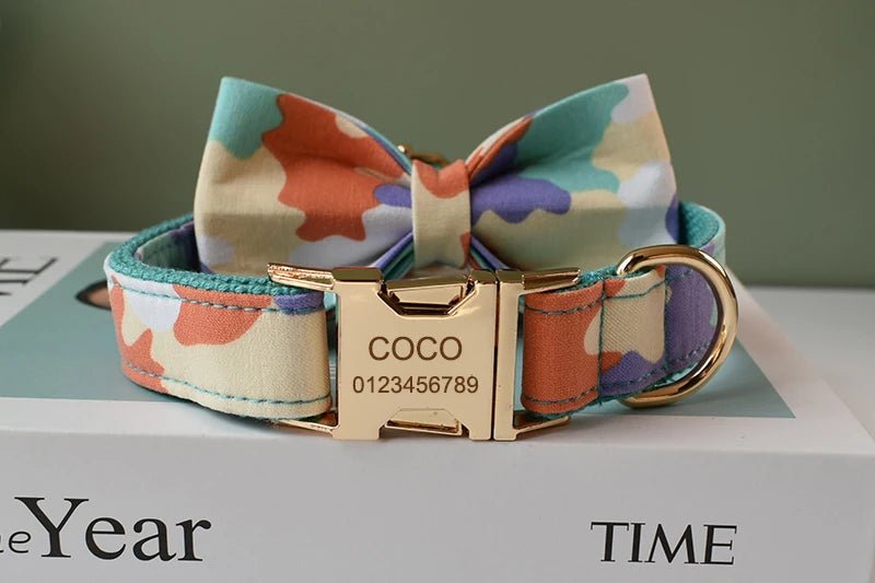 Petspuff Personalised Camo Dog Collar & Lead with Bow Tie – Metal Buckle, Engraved Name Tag | Medium & Big Dogs