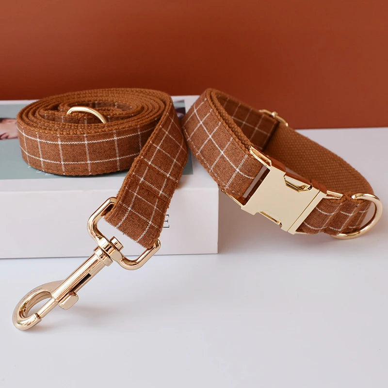 Petspuff Personalised Plaid Print Dog Collar & Lead – Engraved Name Tag | 3 Colours, S–XL