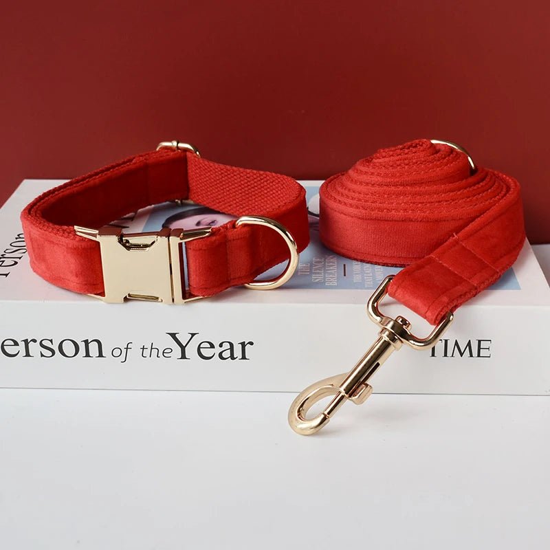 Petspuff Personalised Red Velvet Dog Collar & Lead with Bow – Gold Hardware, Engraved Name Tag - Petspuff