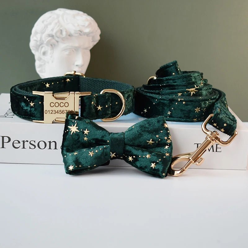 Petspuff Personalised Green & Burgundy Velvet Dog Collar & Lead – Engraved Name Tag, Bow | S–XL - Petspuff