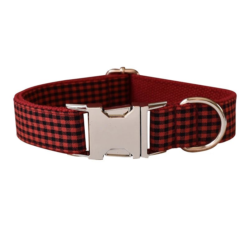 Petspuff Personalised Check Bow Dog Collar & Lead – Engraved Name Tag | French Bulldog to Labrador