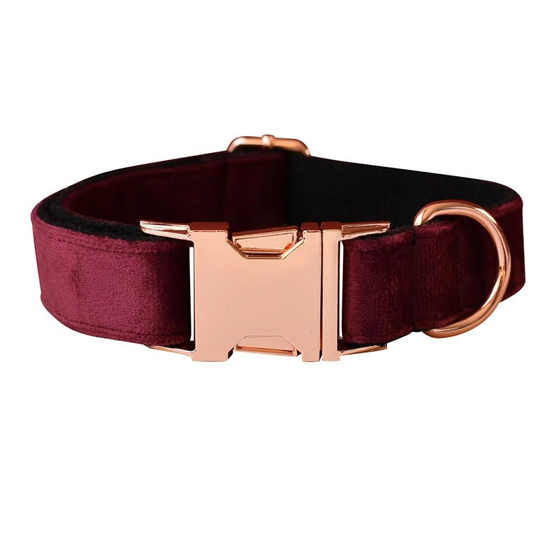 Petspuff Personalised Wine Velvet Dog Collar & Lead with Bow – Engraved Name Tag | S–XL - Petspuff