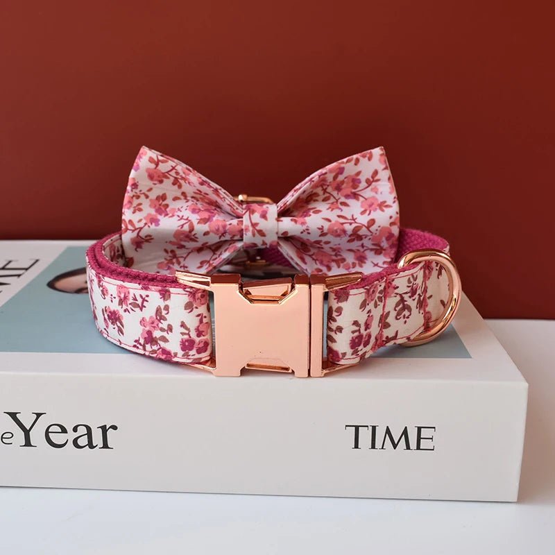 Petspuff Personalised Floral Bow Tie Dog Collar & 1.5m Lead – Metal Buckle, Engraved Name Tag - Petspuff