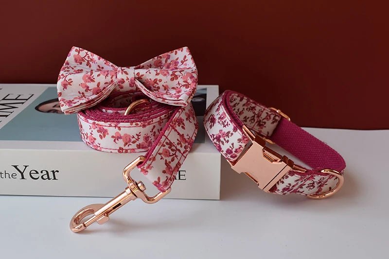 Petspuff Personalised Floral Bow Tie Dog Collar & 1.5m Lead – Metal Buckle, Engraved Name Tag - Petspuff