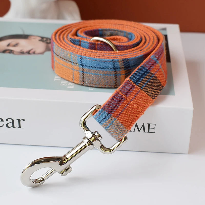 Petspuff Personalised Check Dog Collar & Lead with Bow – Engraved Name Tag | S–XL