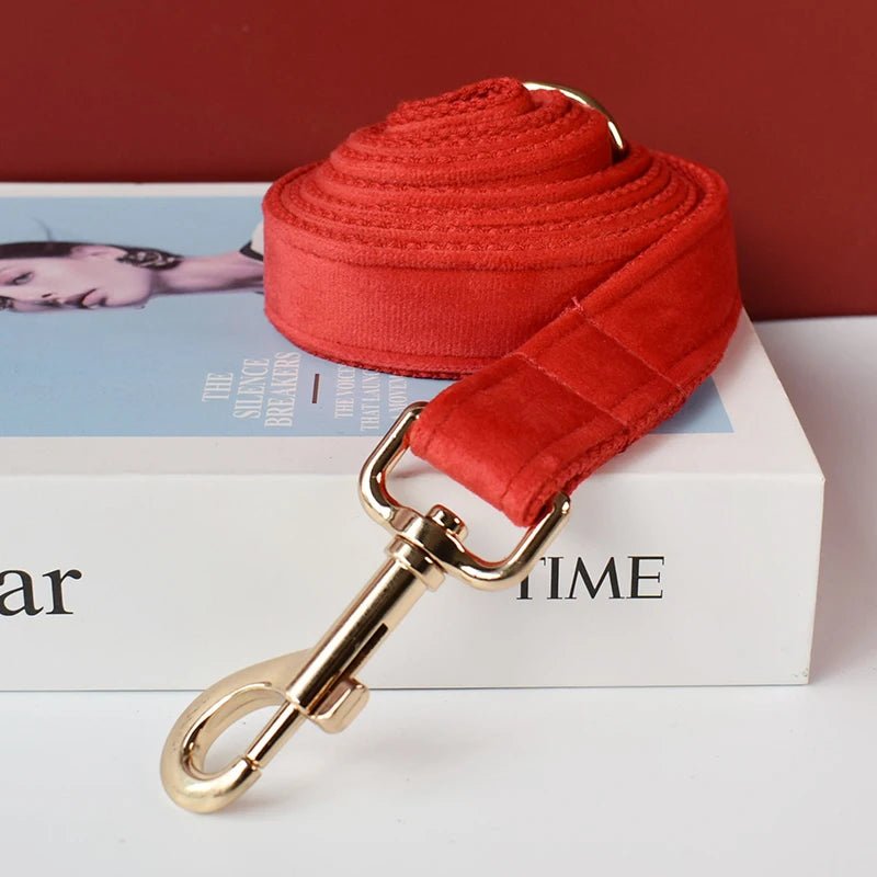Petspuff Personalised Red Velvet Dog Collar & Lead with Bow – Gold Hardware, Engraved Name Tag - Petspuff