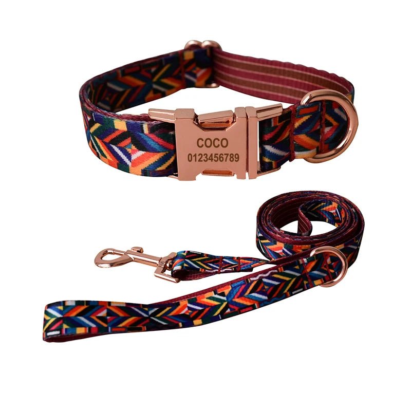 Petspuff Personalised Boho Print Dog Collar & Lead Set – Engraved Name Tag | 6 Designs, S–XL - Petspuff