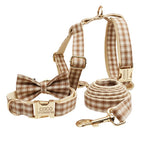 Petspuff Personalised Plaid Dog Collar, Harness & Lead Set – Engraved Nameplate & Bow | XS–XL
