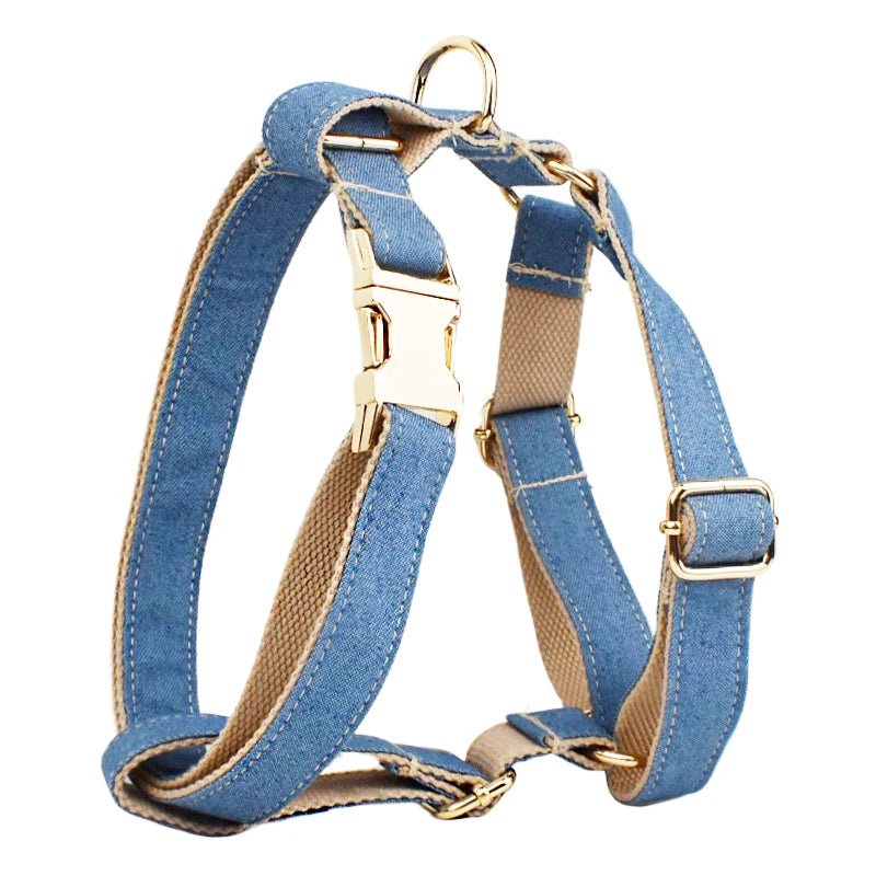 Petspuff Personalised Denim Print Dog Collar & Lead Set – Engraved Name Tag, Bow & Harness