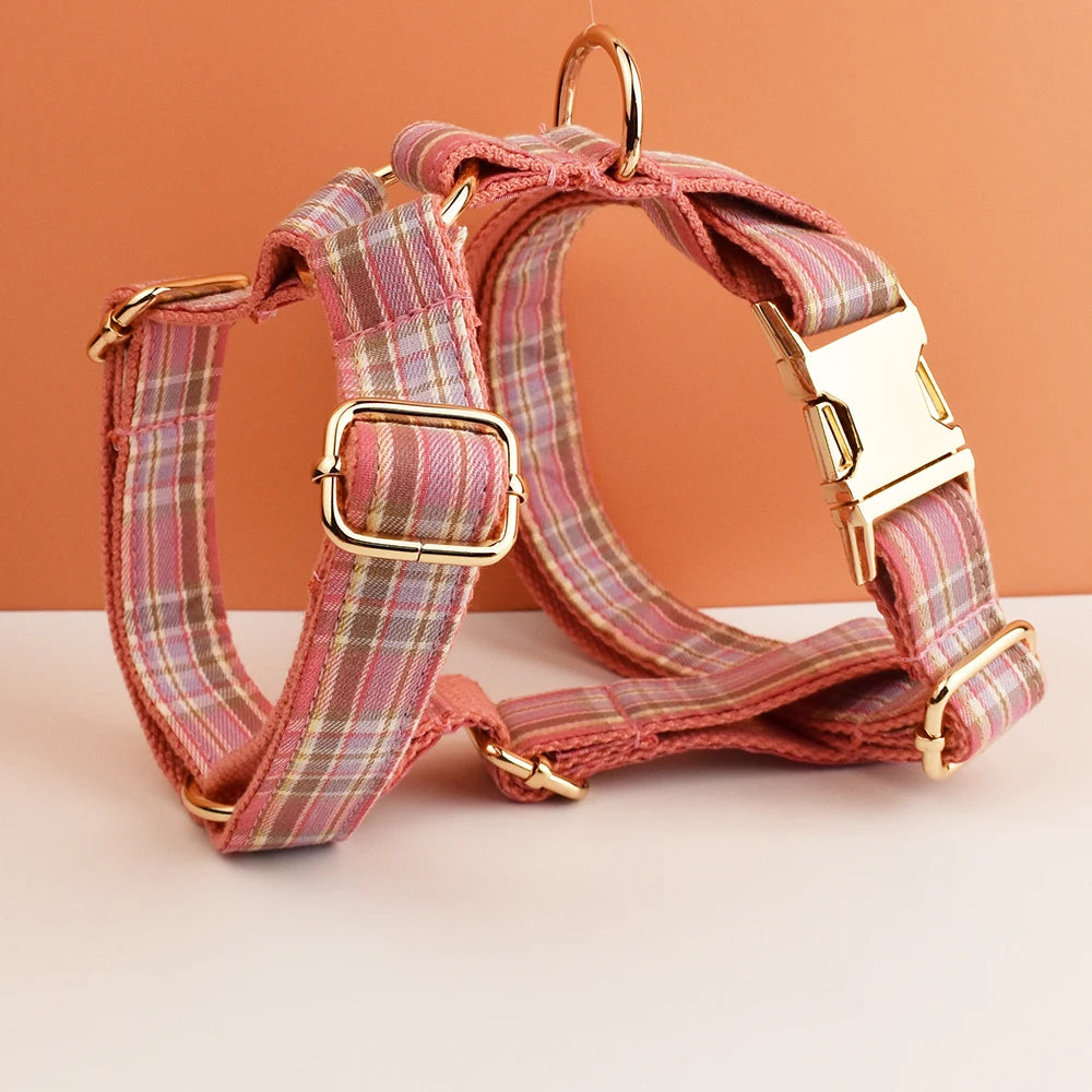 Petspuff Personalised Plaid Dog Collar & Lead Set – Engraved Name Tag, Bow & Harness Options