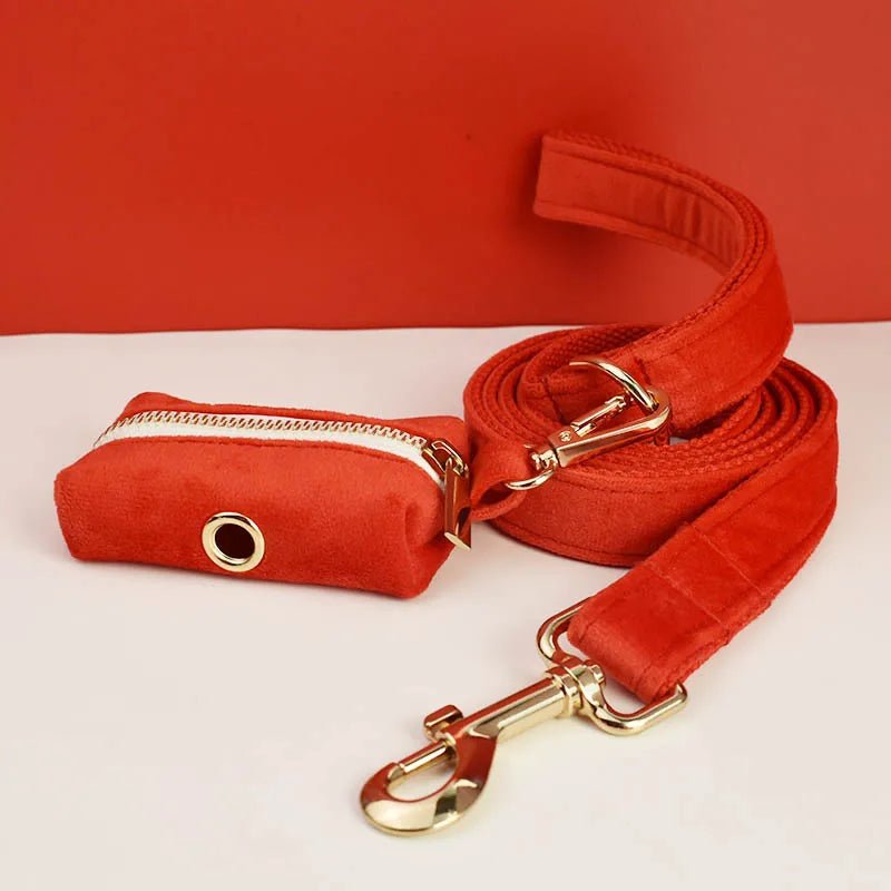 Petspuff Personalised Red Velvet Dog Collar & Lead Set – Engraved Name Tag, Bow & Harness - Petspuff