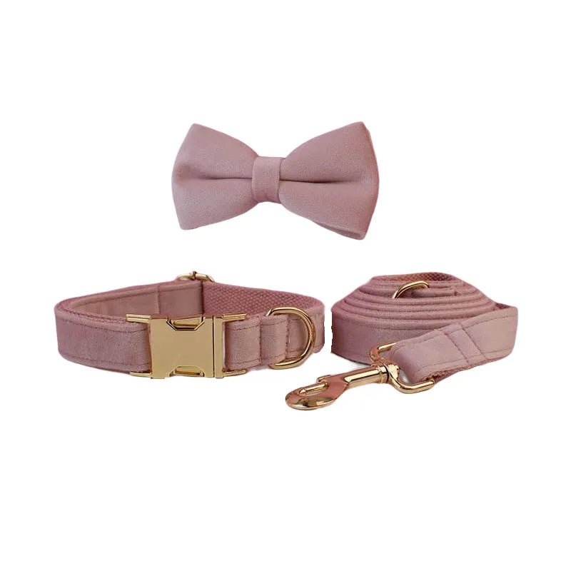 Petspuff Personalised Pale Pink Velvet Dog Collar & Lead Set – Engraved Name Tag, Bow & Harness