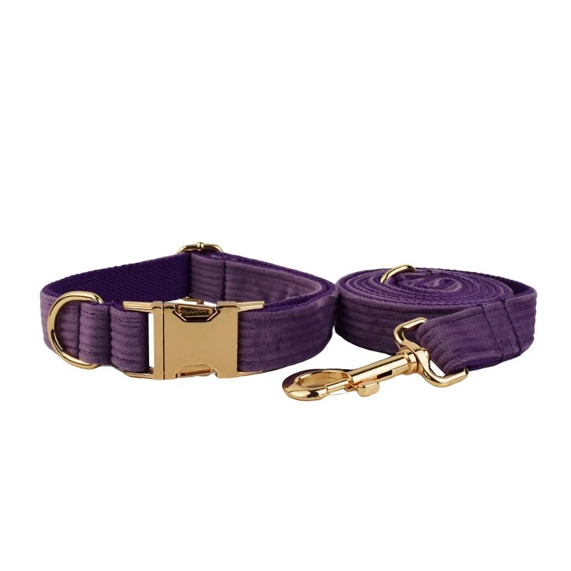 Petspuff Personalised Corduroy Dog Collar & Lead Set – Engraved Name Tag, Bow, Harness & Poop Bag