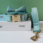Petspuff Personalised Emerald Green Velvet Dog Collar & Lead with Bow – Engraved Name Tag | S–XL